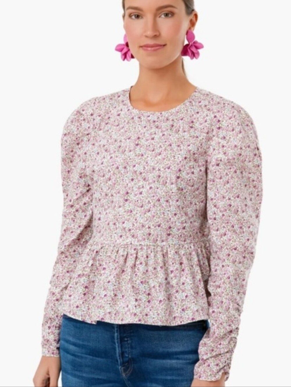 Hyacinth House Tuckernuck Mia Blouse Pink Floral Puff Sleeves Peplum Size XS